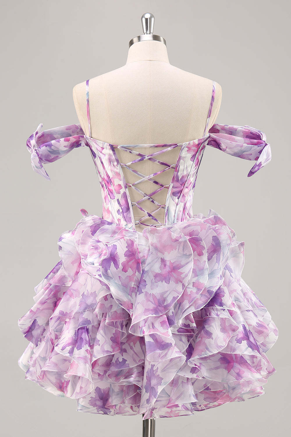 Purple Floral Cold Shoulder Ruffled Chiffon Corset Short Homecoming Dress