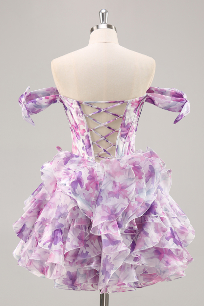 Purple Floral Cold Shoulder Ruffled Chiffon Corset Short Homecoming Dress