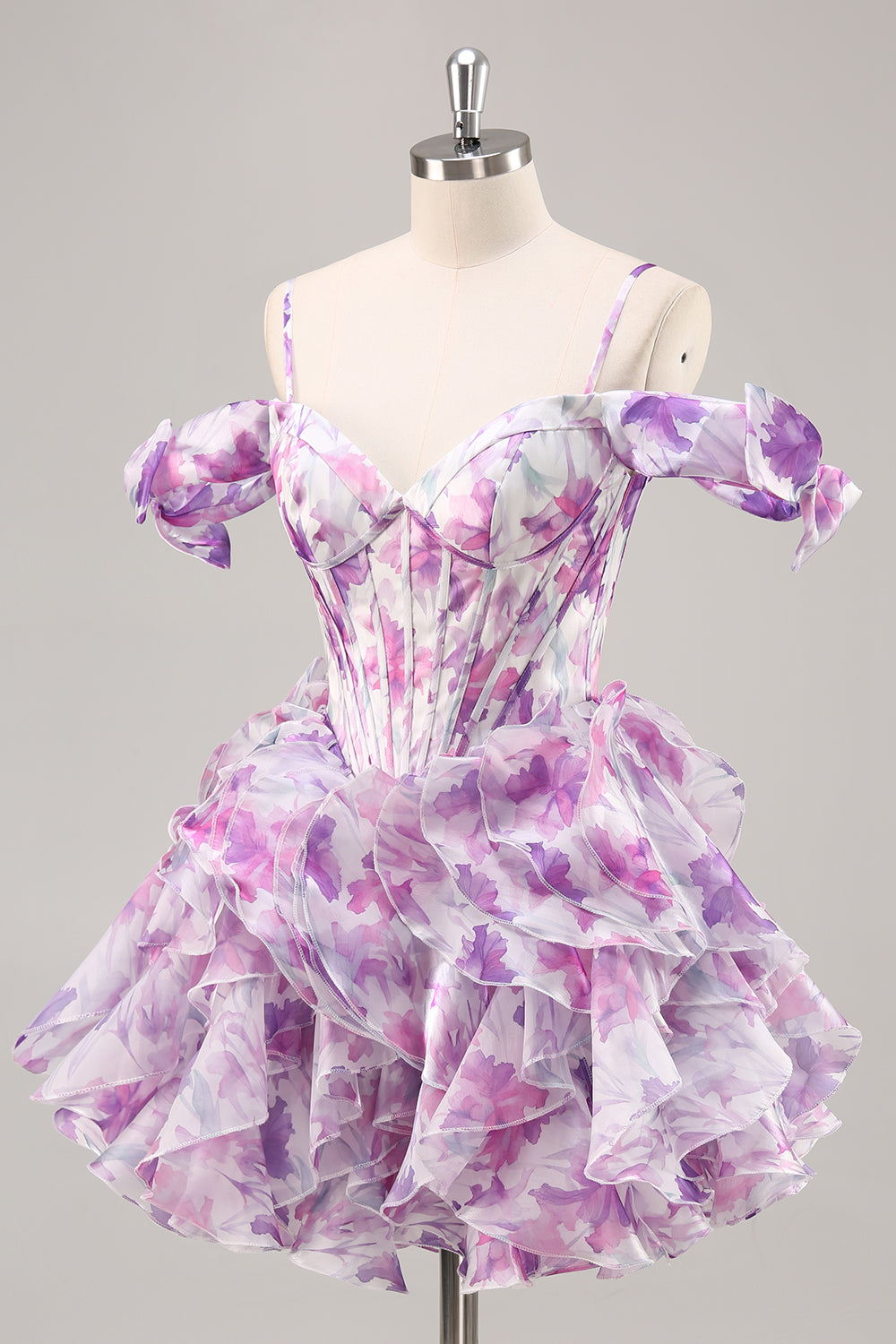 Purple Floral Cold Shoulder Ruffled Chiffon Corset Short Homecoming Dress
