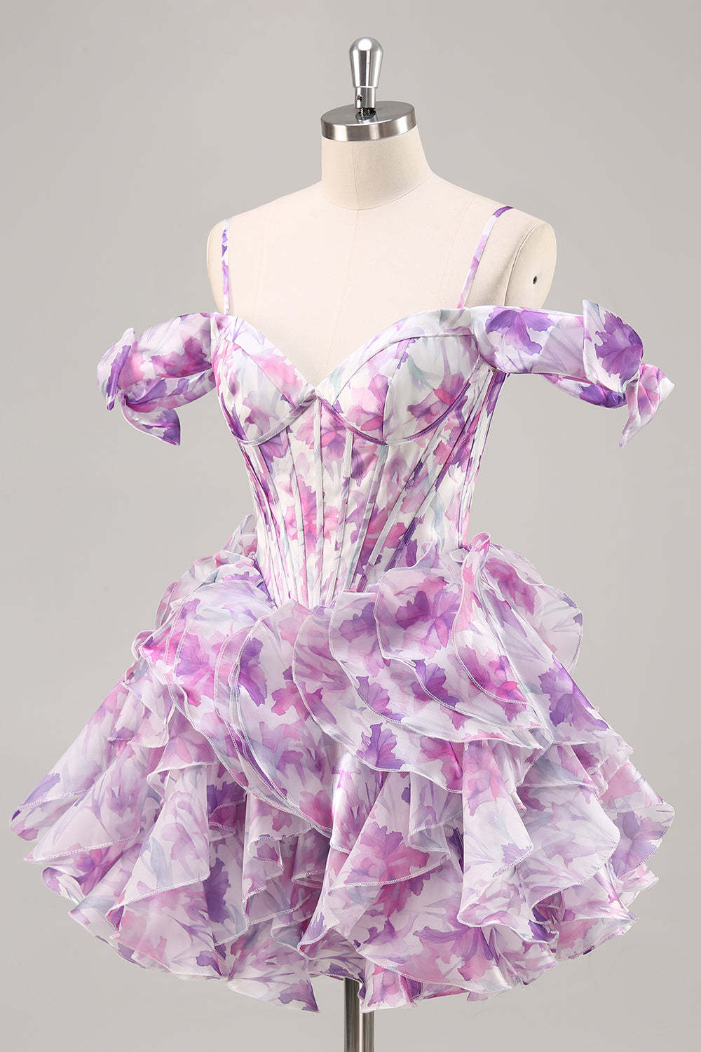 Purple Floral Cold Shoulder Ruffled Chiffon Corset Short Homecoming Dress