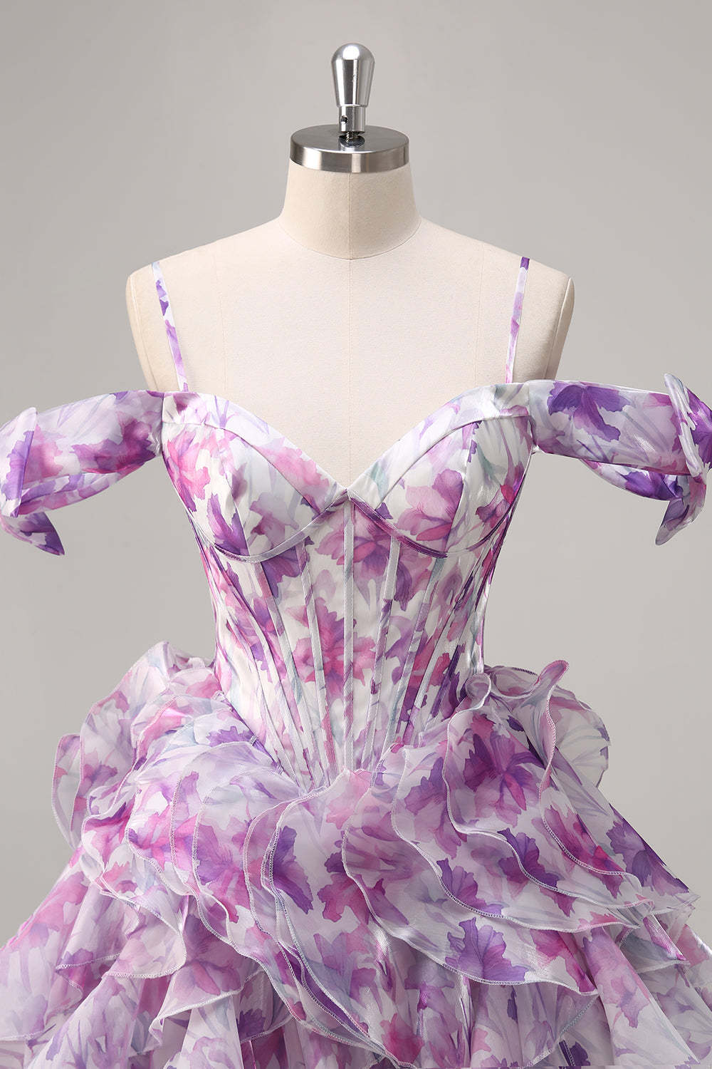 Purple Floral Cold Shoulder Ruffled Chiffon Corset Short Homecoming Dress