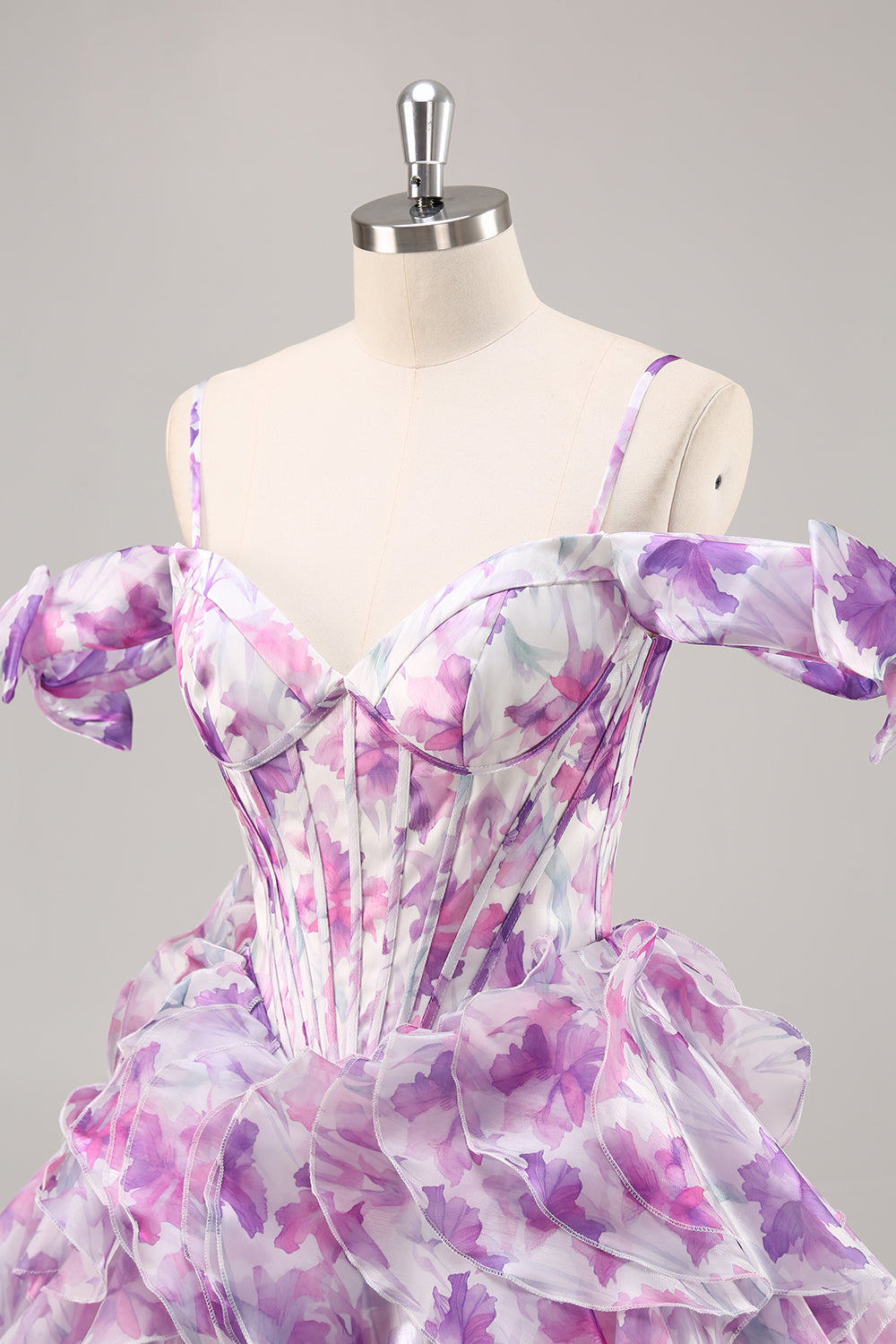 Purple Floral Cold Shoulder Ruffled Chiffon Corset Short Homecoming Dress