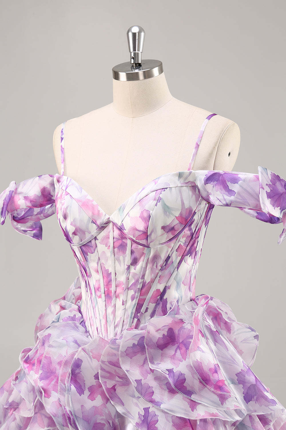 Purple Floral Cold Shoulder Ruffled Chiffon Corset Short Homecoming Dress