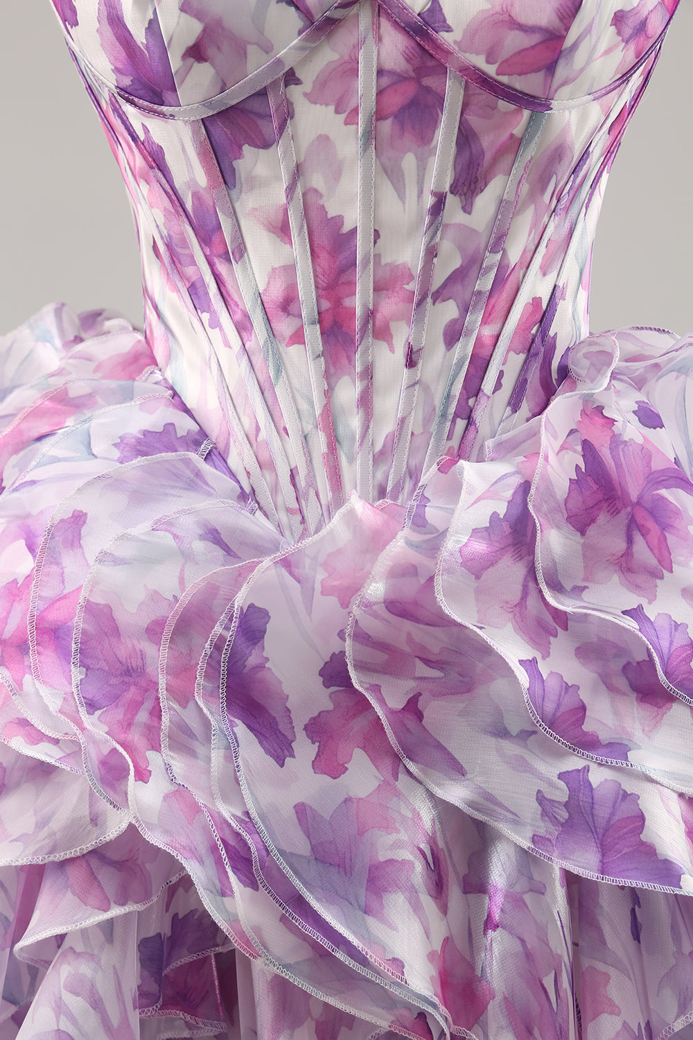 Purple Floral Cold Shoulder Ruffled Chiffon Corset Short Homecoming Dress