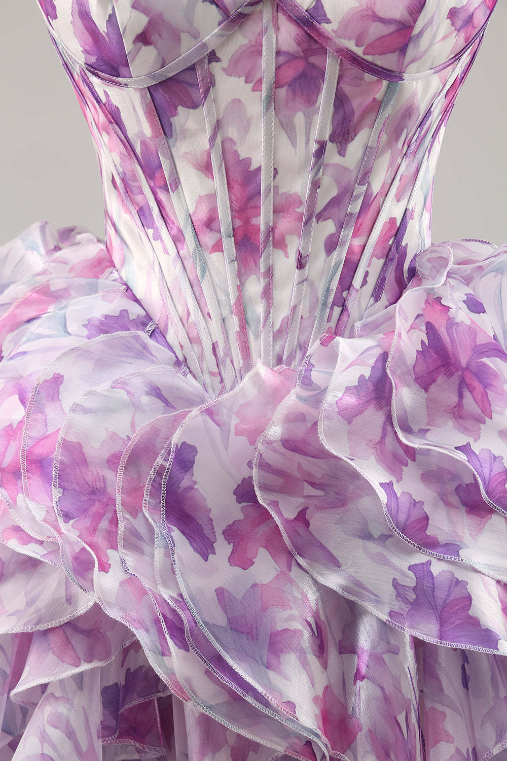 Purple Floral Cold Shoulder Ruffled Chiffon Corset Short Homecoming Dress