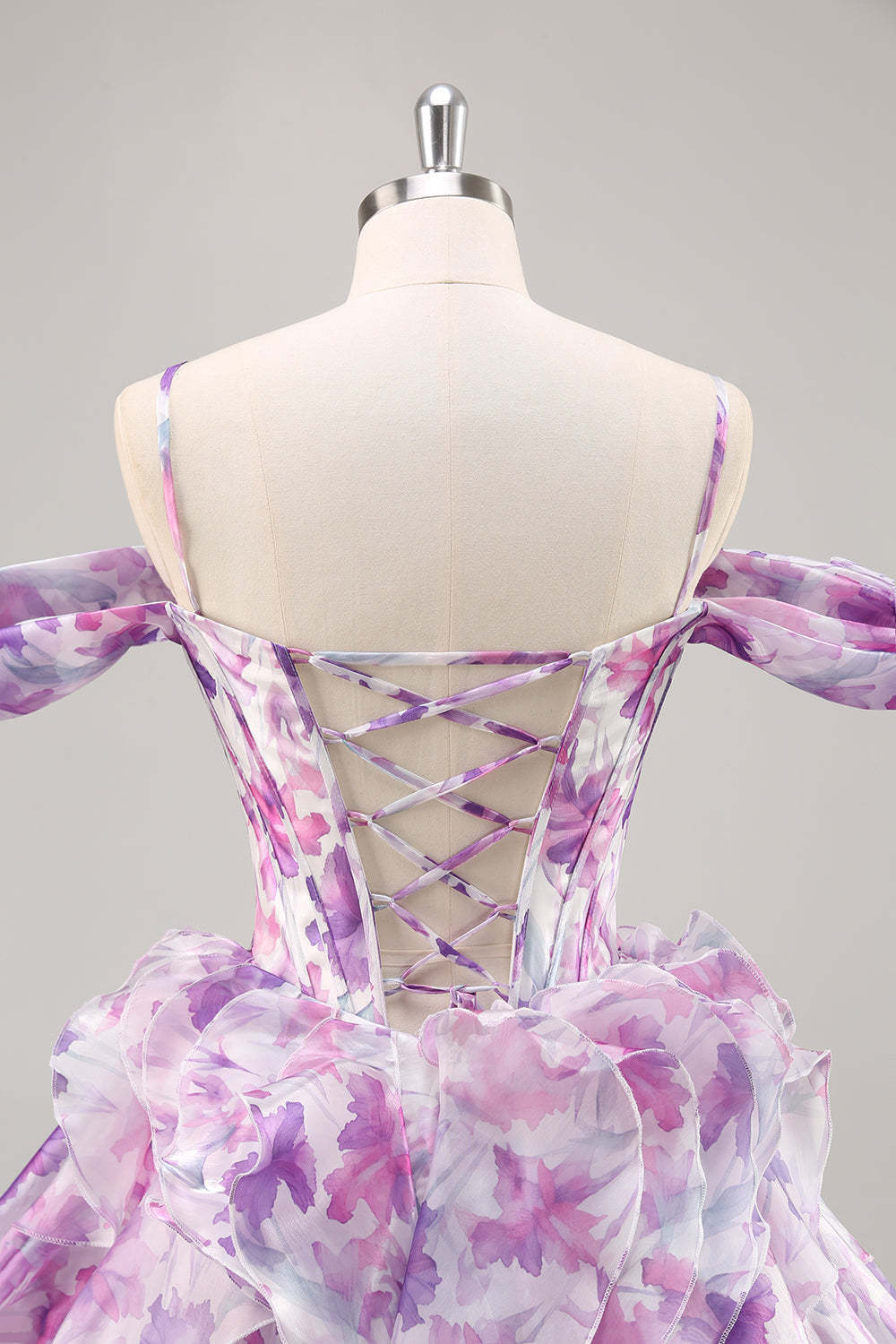 Purple Floral Cold Shoulder Ruffled Chiffon Corset Short Homecoming Dress