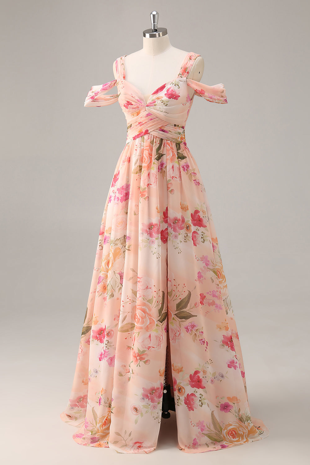 Pink Floral Cold Shoulder Chiffon A Line Maxi Bridesmaid Dress with Slit