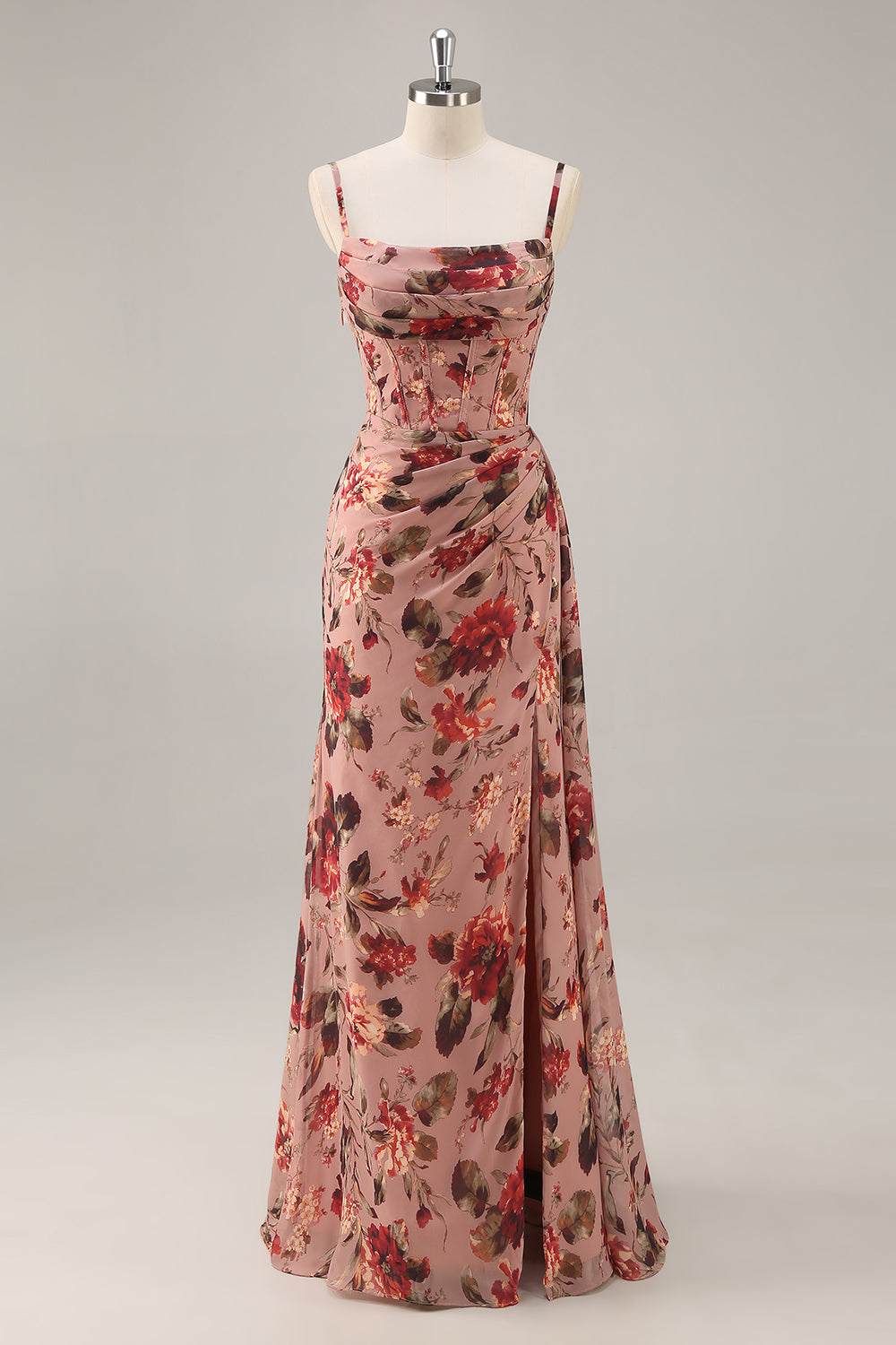 Maxi Dusty Rose Corset Chiffon Floral Ruched Bridesmaid Dress with Slit