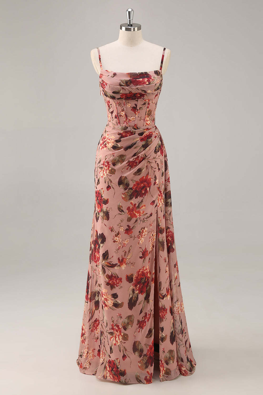 Leely Women Dusty Rose Corset Floral Maxi Bridesmaid Dress with Slit Ruched Mermaid Spaghetti Straps Chiffon Wedding Guest Dress