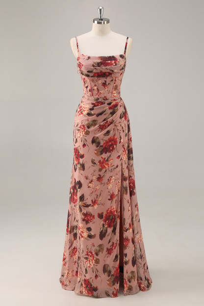 Leely Women Dusty Rose Corset Floral Maxi Bridesmaid Dress with Slit Ruched Mermaid Spaghetti Straps Chiffon Wedding Guest Dress
