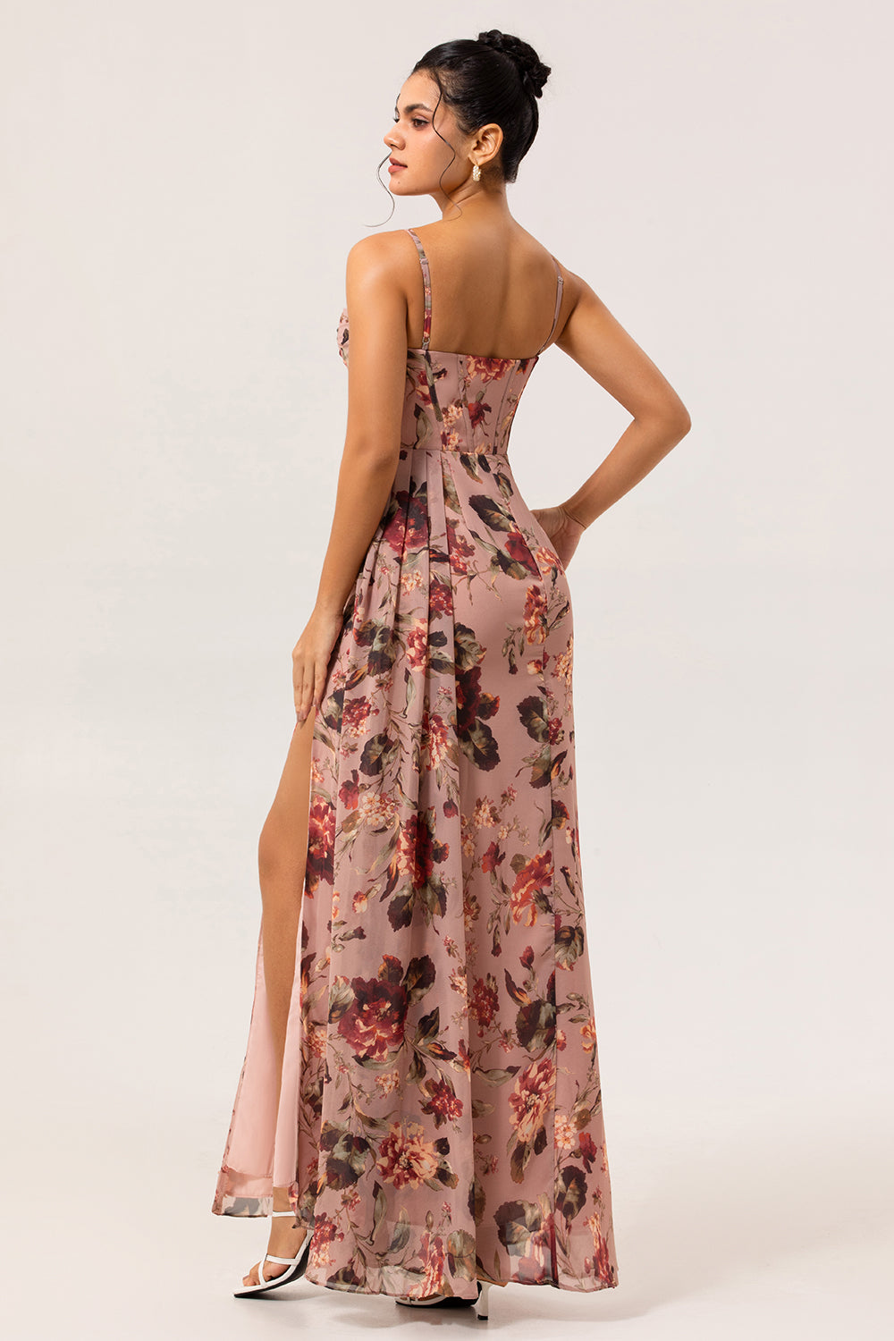 Dusty Rose Corset Floral Ruched Chiffon Long Bridesmaid Dress with Slit