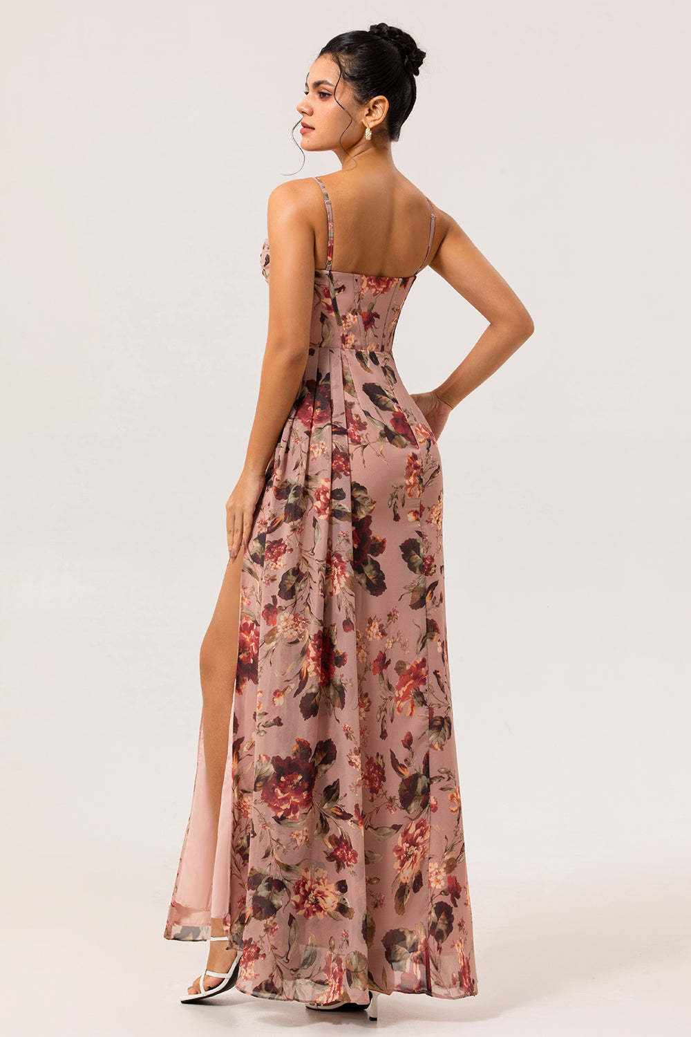 Dusty Rose Corset Floral Ruched Chiffon Long Bridesmaid Dress with Slit