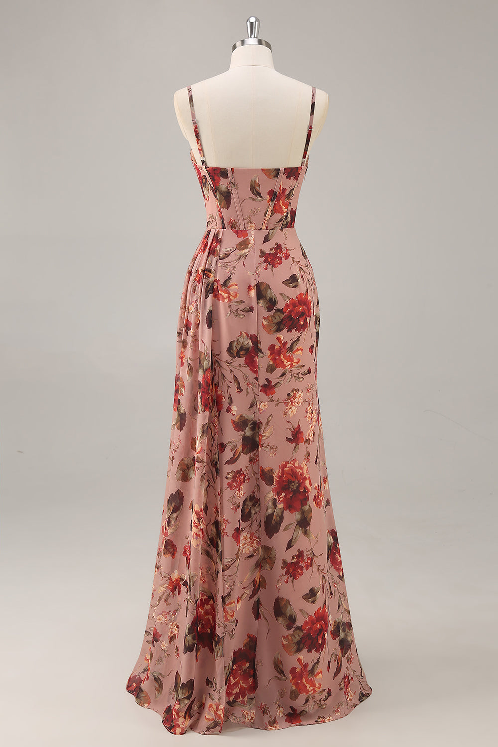 Maxi Dusty Rose Corset Chiffon Floral Ruched Bridesmaid Dress with Slit