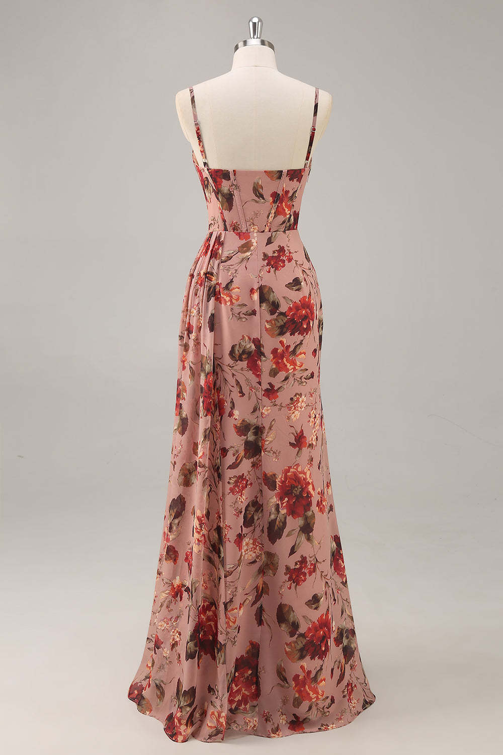 Maxi Dusty Rose Corset Chiffon Floral Ruched Bridesmaid Dress with Slit