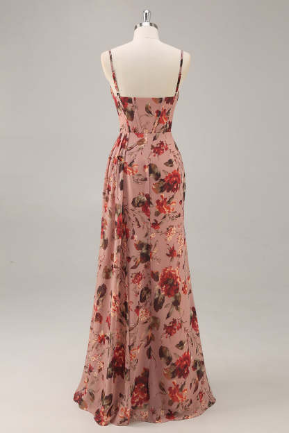 Maxi Dusty Rose Corset Chiffon Floral Ruched Bridesmaid Dress with Slit