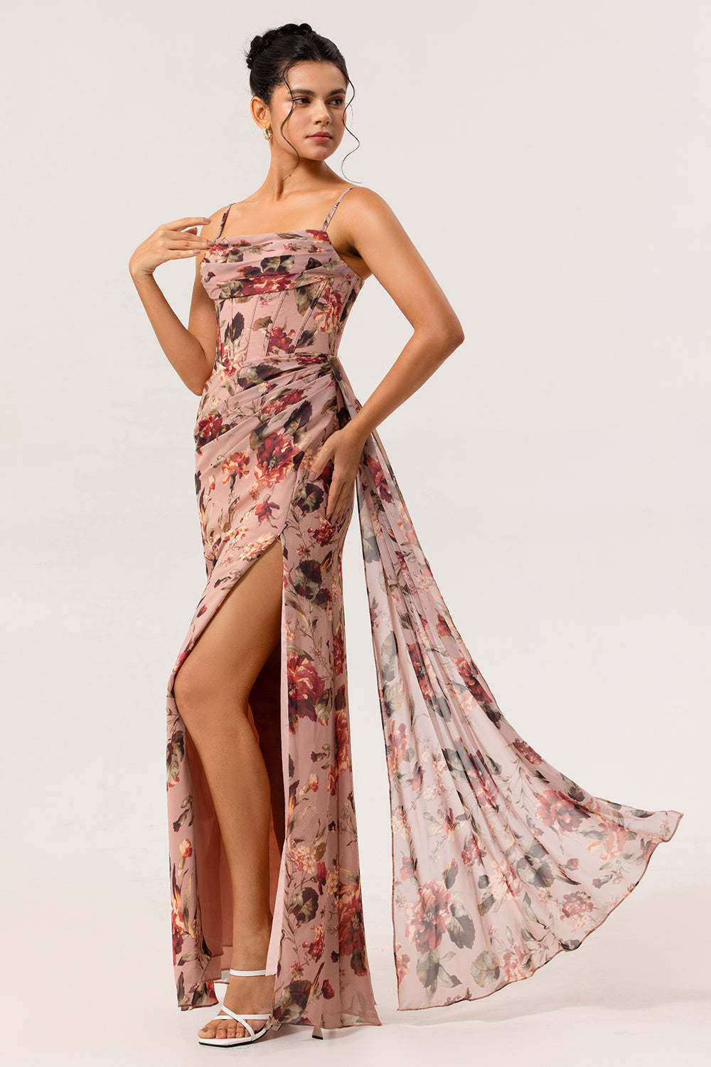 Dusty Rose Corset Floral Ruched Chiffon Long Bridesmaid Dress with Slit