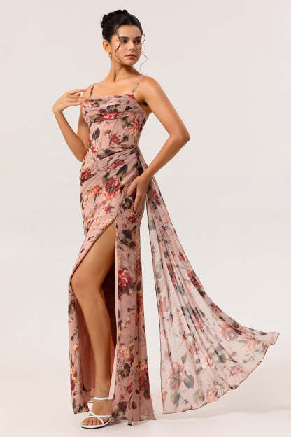 Dusty Rose Corset Floral Ruched Chiffon Long Bridesmaid Dress with Slit