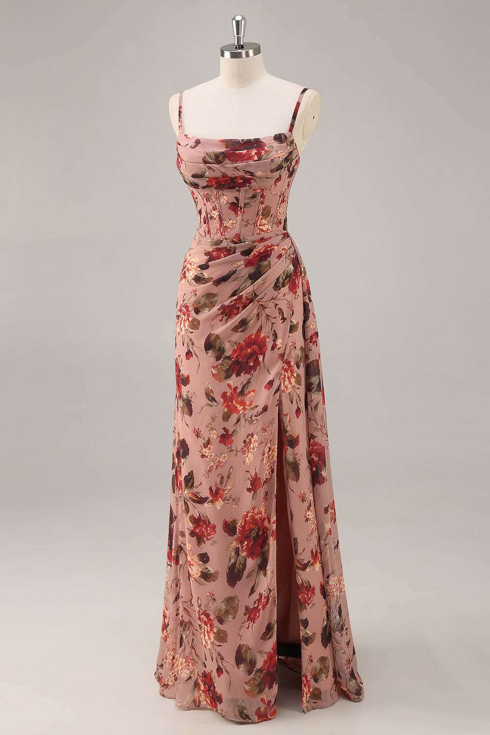 Maxi Dusty Rose Corset Chiffon Floral Ruched Bridesmaid Dress with Slit