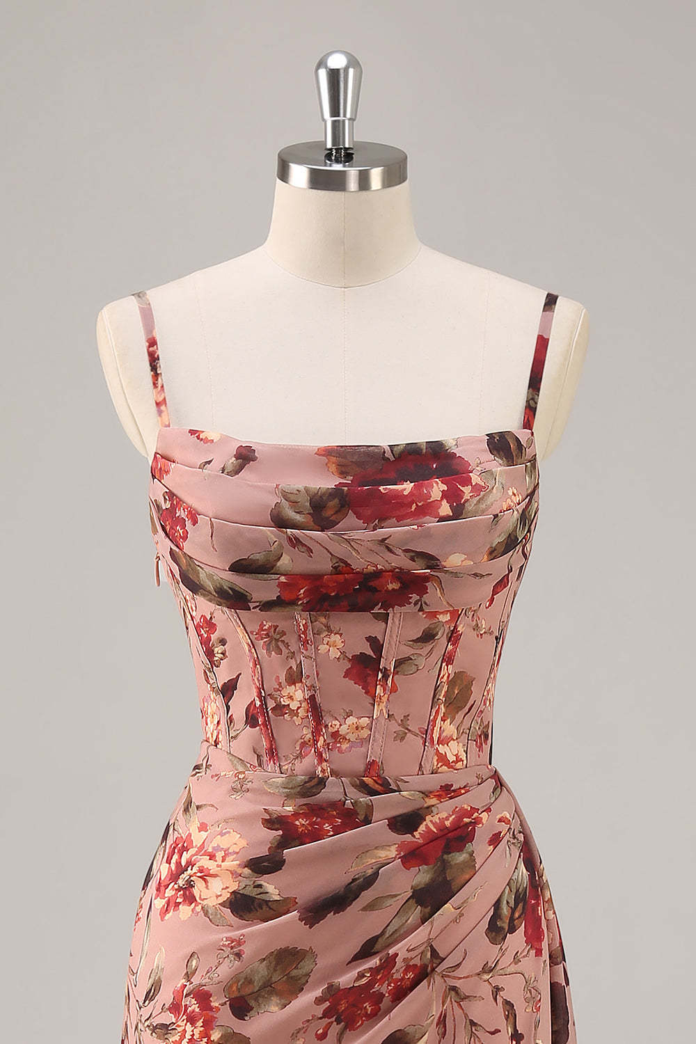 Maxi Dusty Rose Corset Chiffon Floral Ruched Bridesmaid Dress with Slit