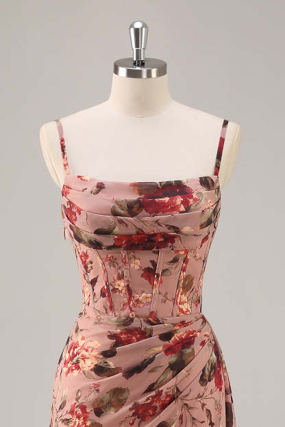 Maxi Dusty Rose Corset Chiffon Floral Ruched Bridesmaid Dress with Slit