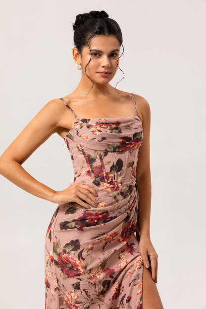 Dusty Rose Corset Floral Ruched Chiffon Long Bridesmaid Dress with Slit