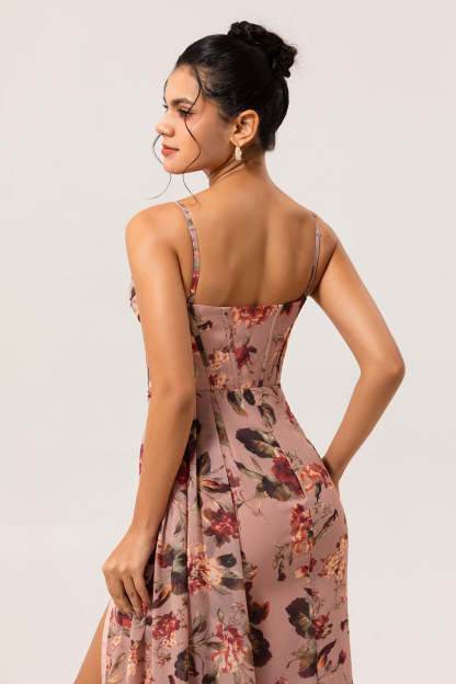 Dusty Rose Corset Floral Ruched Chiffon Long Bridesmaid Dress with Slit