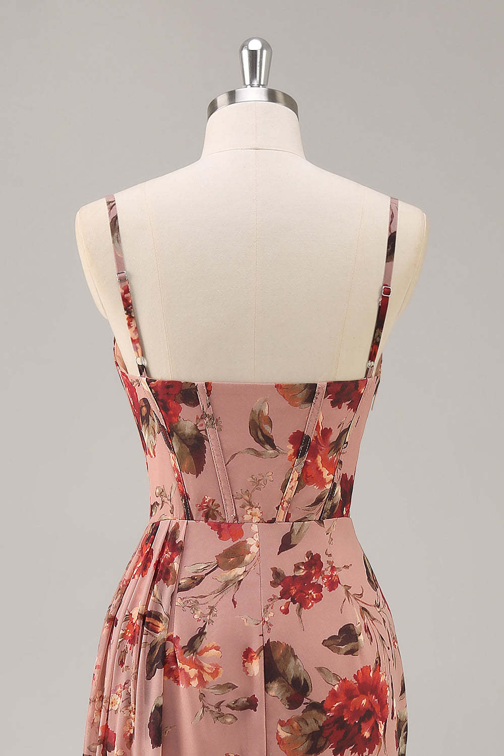Maxi Dusty Rose Corset Chiffon Floral Ruched Bridesmaid Dress with Slit