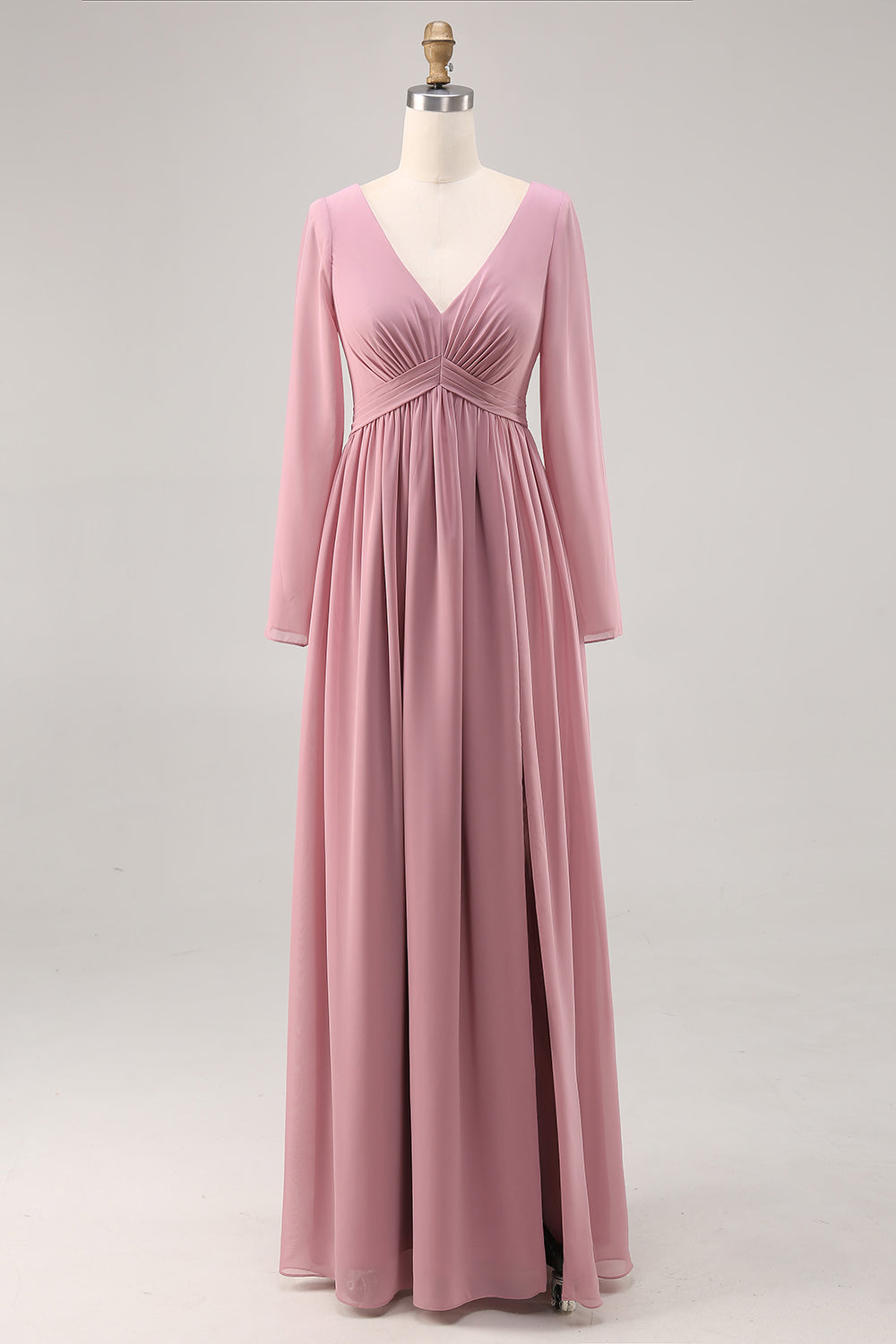 Leely Women Dusty Rose Chiffon Maxi Bridesmaid Dress with Slit Long Sleeves V-Neck A Line Ruched Wedding Guest Dress