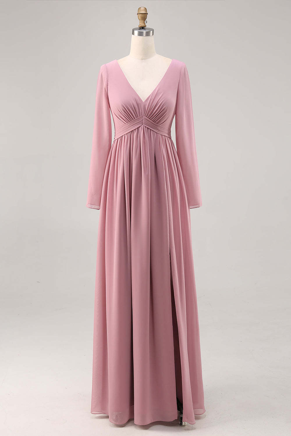 Leely Women Dusty Rose Chiffon Maxi Bridesmaid Dress with Slit Long Sleeves V-Neck A Line Ruched Wedding Guest Dress