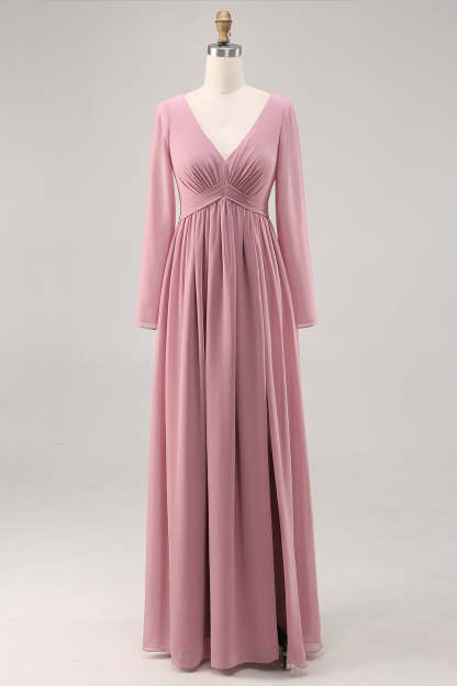Leely Women Dusty Rose Chiffon Maxi Bridesmaid Dress with Slit Long Sleeves V-Neck A Line Ruched Wedding Guest Dress