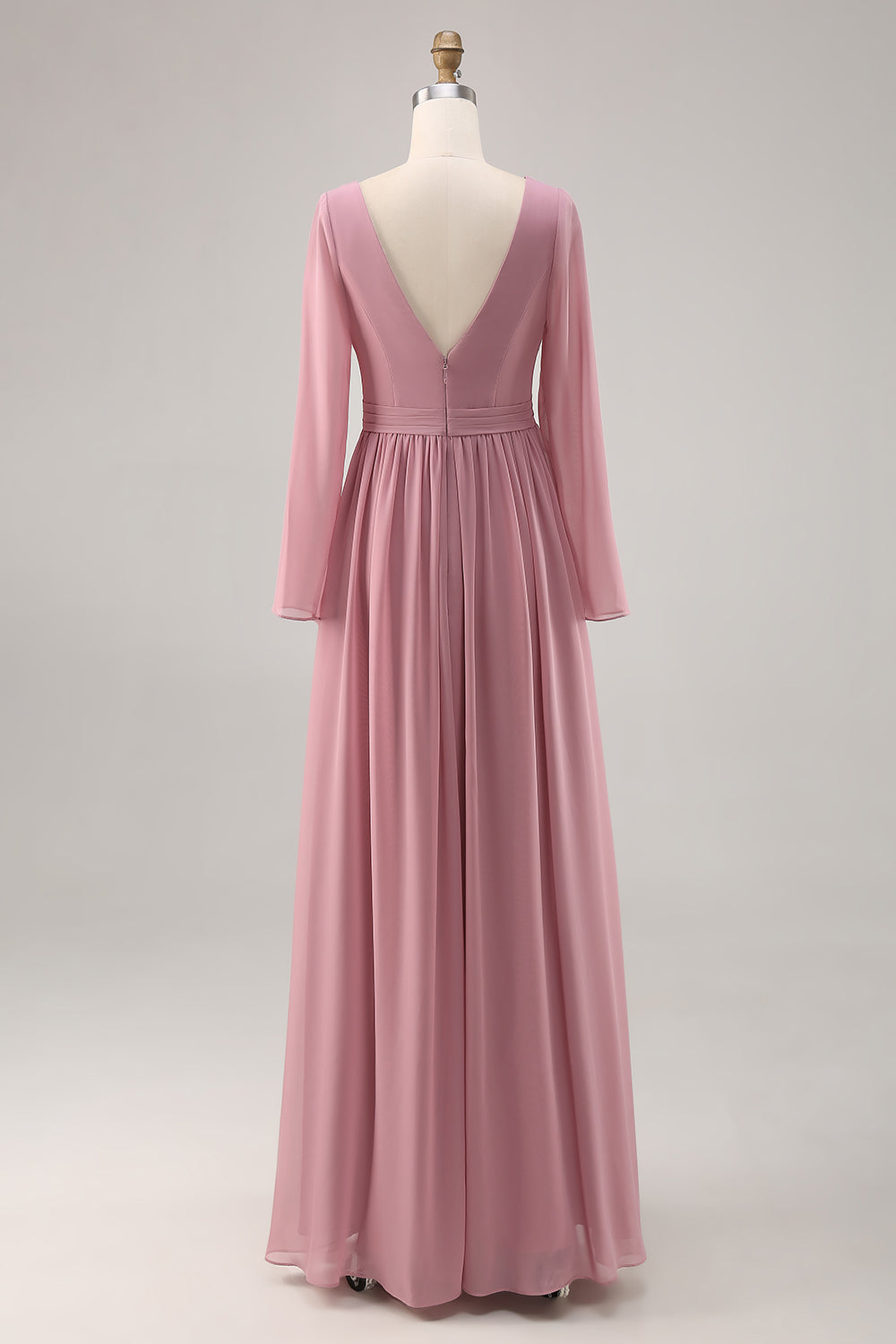Dusty Rose Long Sleeves V-Neck Bridesmaid Dress with Slit