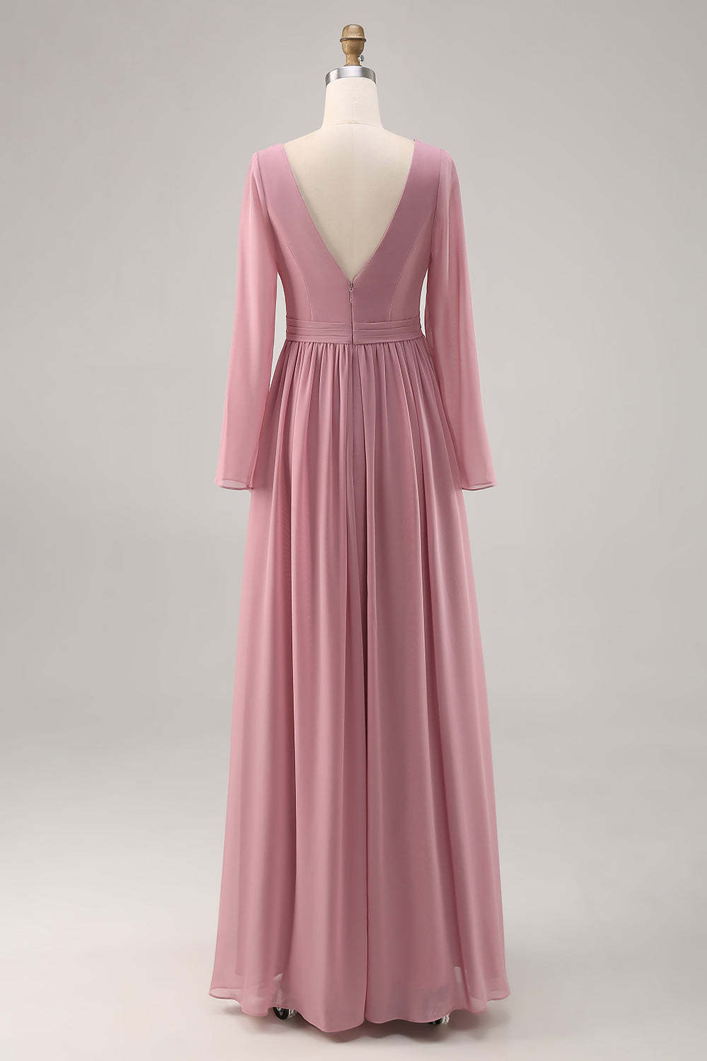 Dusty Rose Long Sleeves V-Neck Bridesmaid Dress with Slit