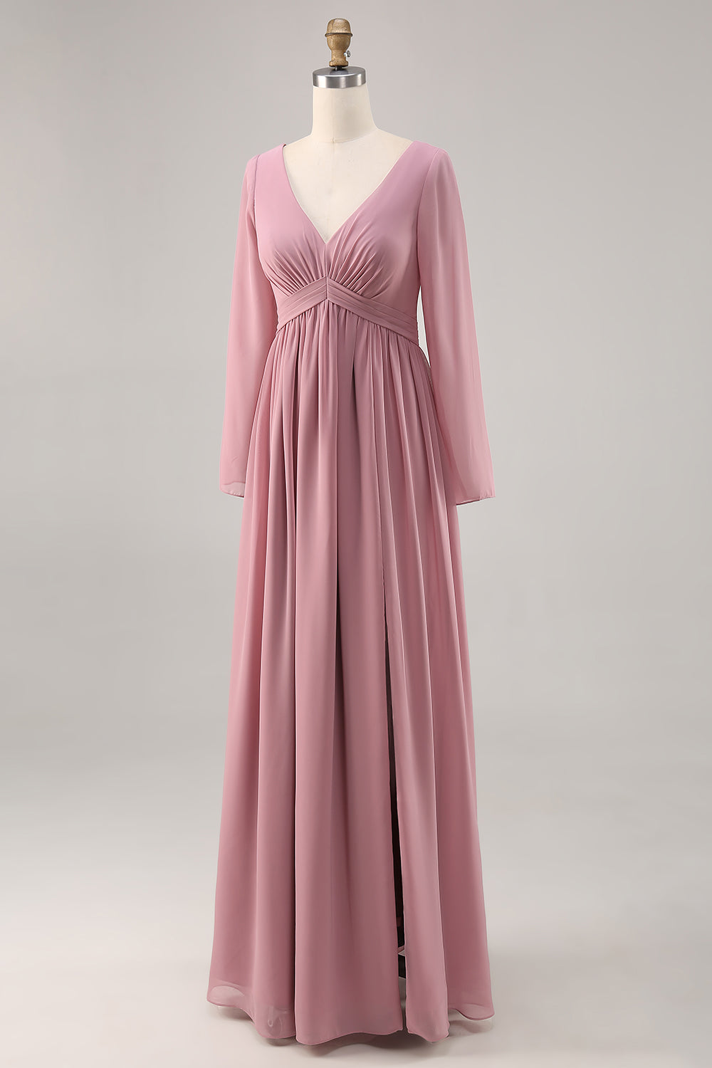 Dusty Rose Long Sleeves V-Neck Bridesmaid Dress with Slit