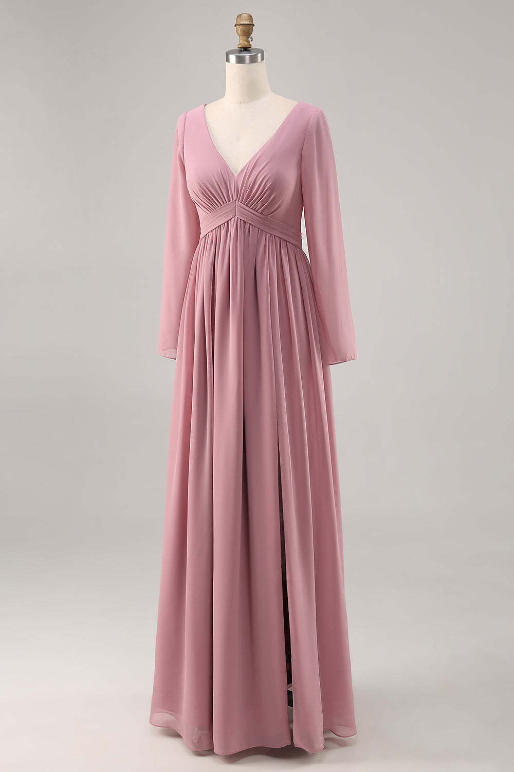 Dusty Rose Long Sleeves V-Neck Bridesmaid Dress with Slit