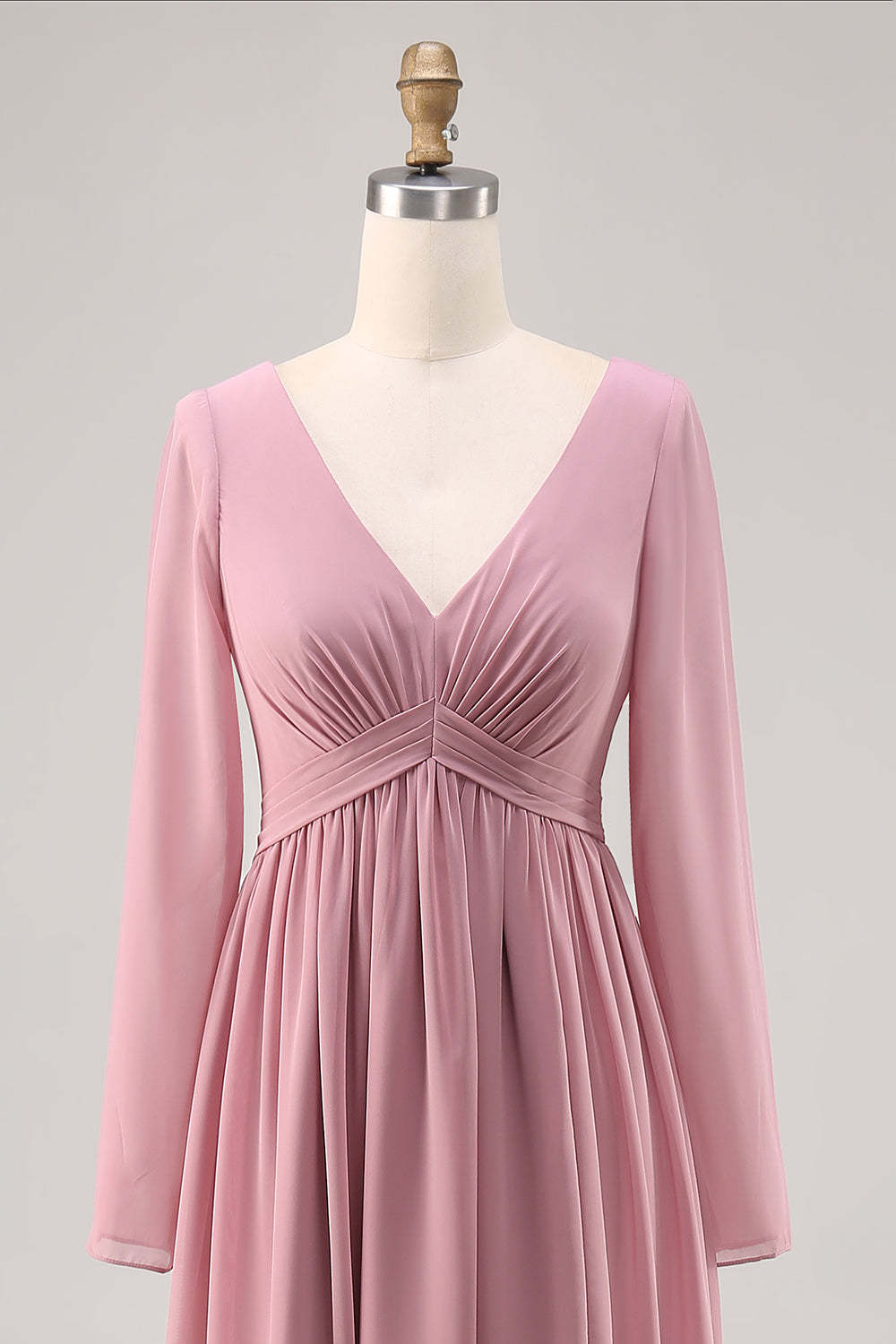 Dusty Rose Long Sleeves V-Neck Bridesmaid Dress with Slit