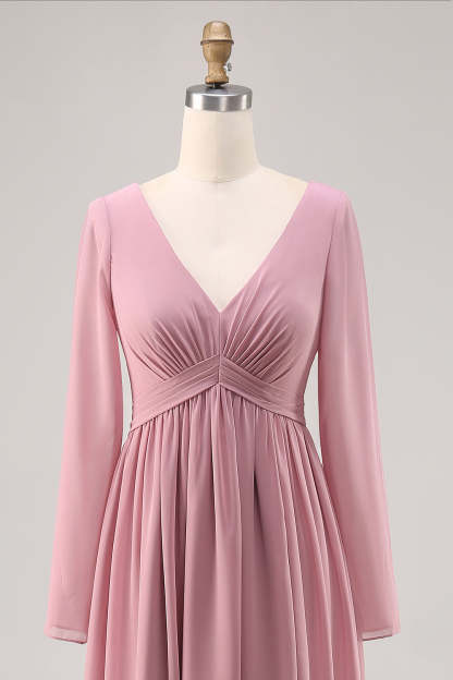 Dusty Rose Long Sleeves V-Neck Bridesmaid Dress with Slit