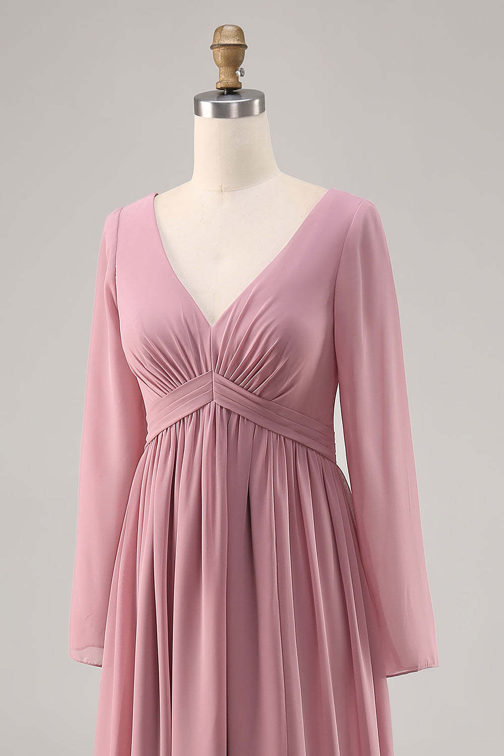 Dusty Rose Long Sleeves V-Neck Bridesmaid Dress with Slit