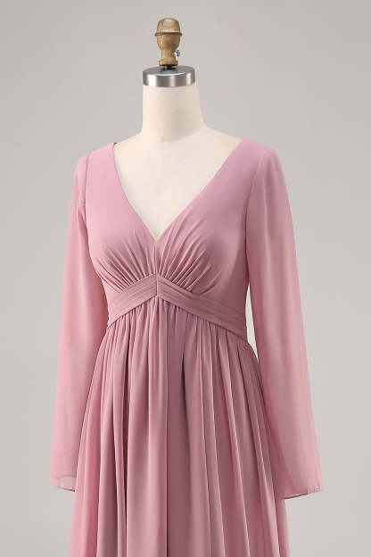 Dusty Rose Long Sleeves V-Neck Bridesmaid Dress with Slit
