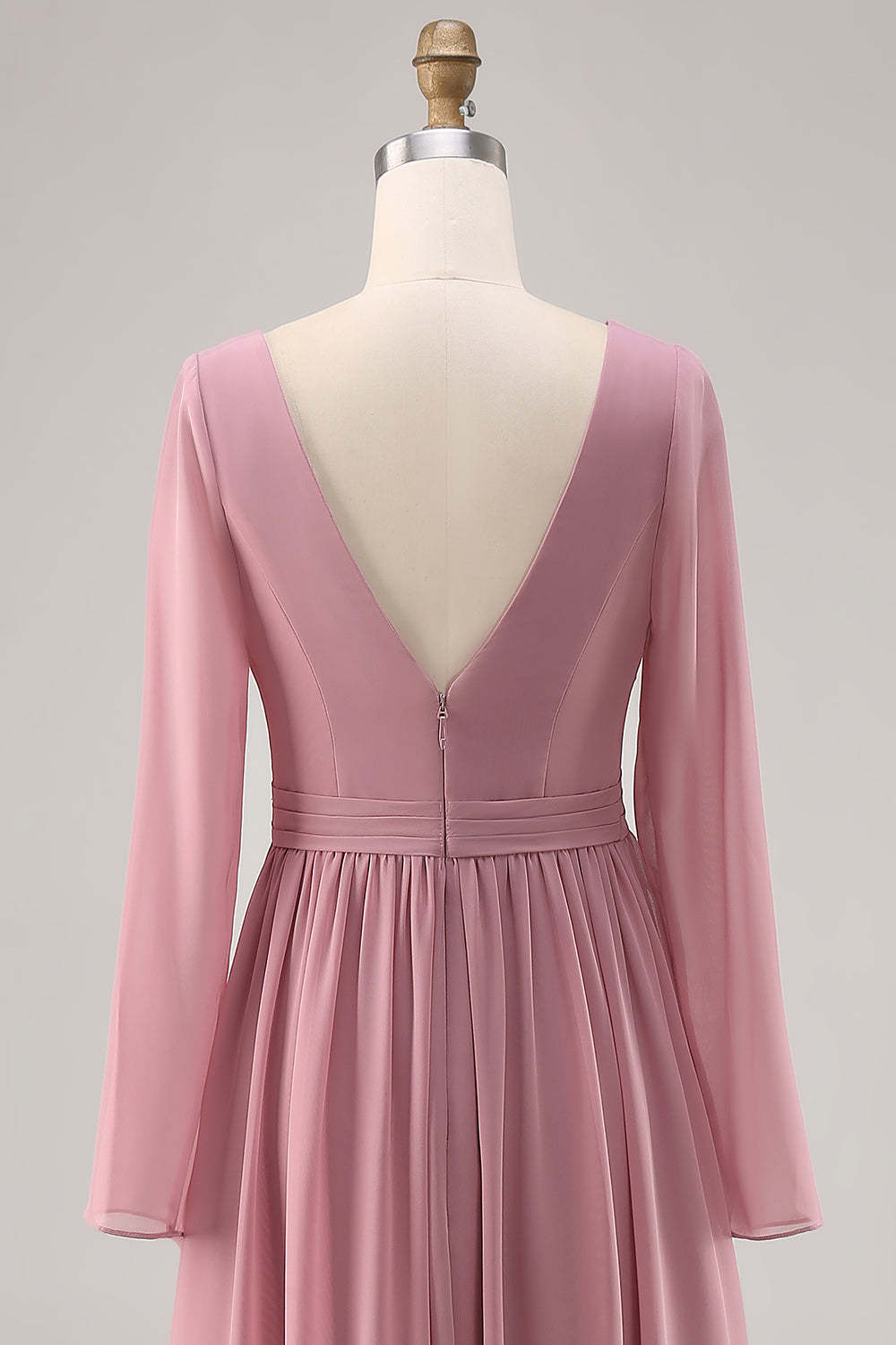 Dusty Rose Long Sleeves V-Neck Bridesmaid Dress with Slit