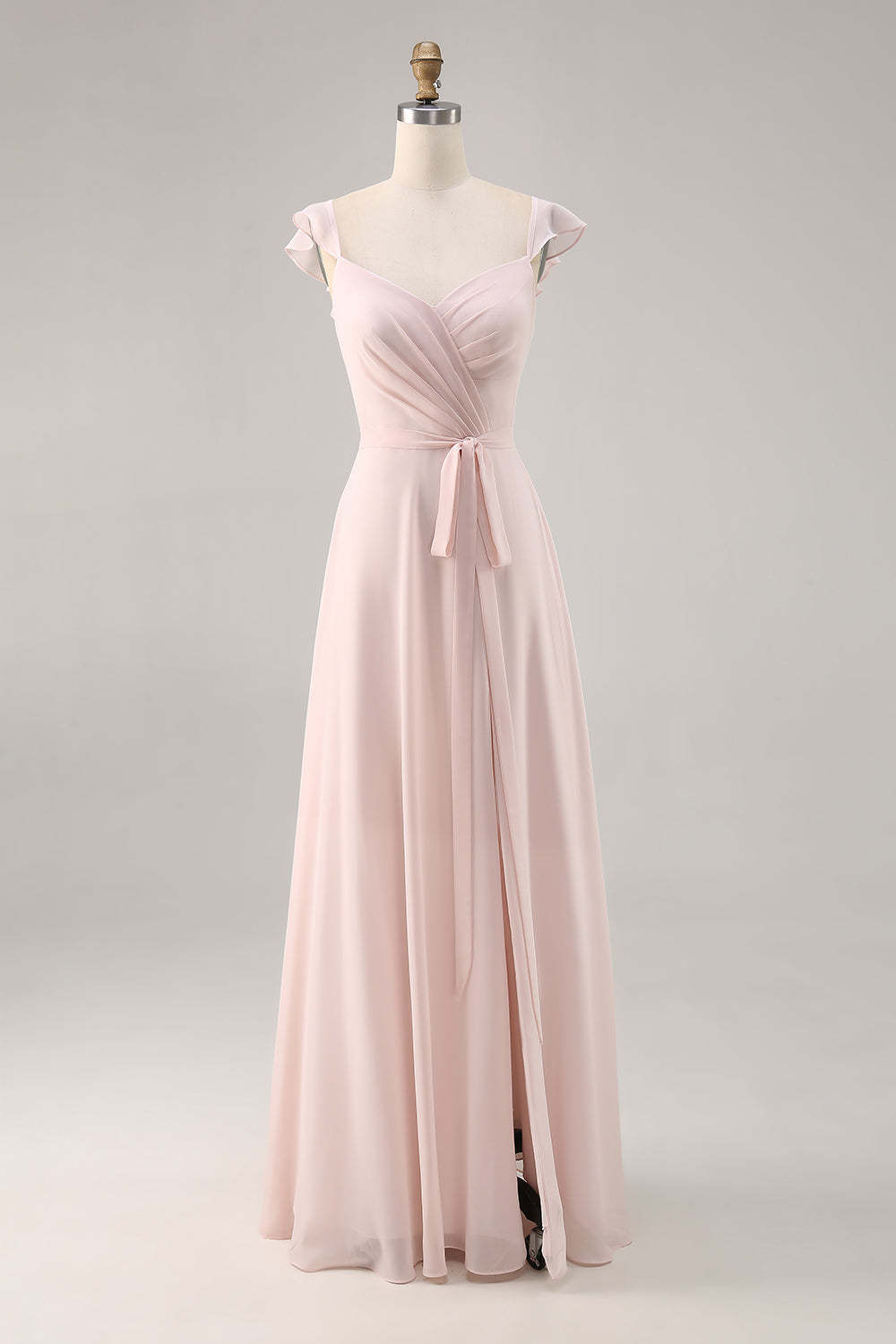 Leely Women Candy Pink Maxi Bridesmaid Dress with Slit Chiffon Ruched A Line Cap Sleeves Wedding Guest Dress with Sash