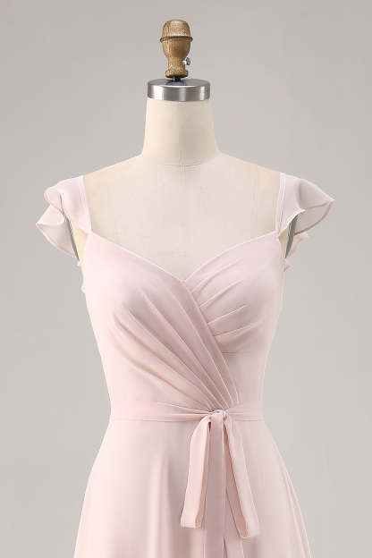 Candy Pink Chiffon Ruched Maxi A Line Bridesmaid Dress with Slit