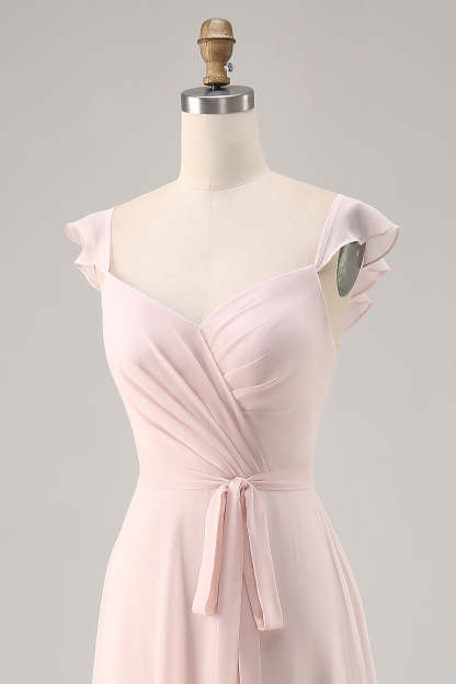 Candy Pink Chiffon Ruched Maxi A Line Bridesmaid Dress with Slit