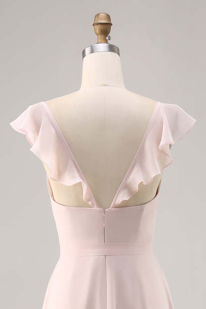 Candy Pink Chiffon Ruched Maxi A Line Bridesmaid Dress with Slit
