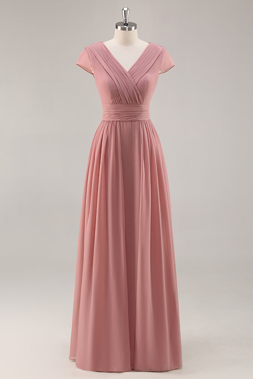 Leely Women Dusty Rose Maxi Chiffon Bridesmaid Dress A Line V-Neck Ruched Wedding Guest Dress with Sleeves