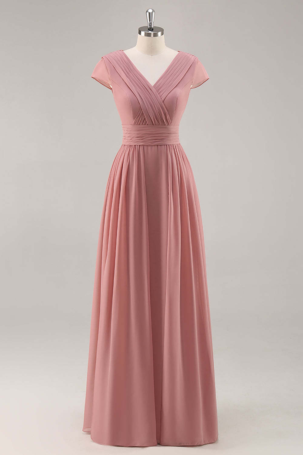 Leely Women Dusty Rose Maxi Chiffon Bridesmaid Dress A Line V-Neck Ruched Wedding Guest Dress with Sleeves