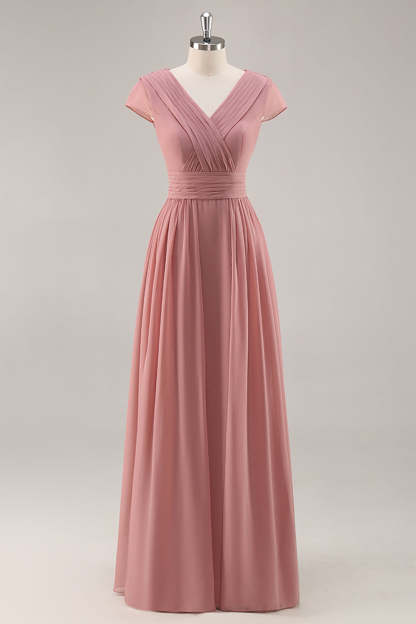 Leely Women Dusty Rose Maxi Chiffon Bridesmaid Dress A Line V-Neck Ruched Wedding Guest Dress with Sleeves