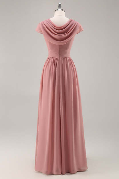 A Line Dusty Rose Chiffon Maxi Bridesmaid Dress with Sleeves