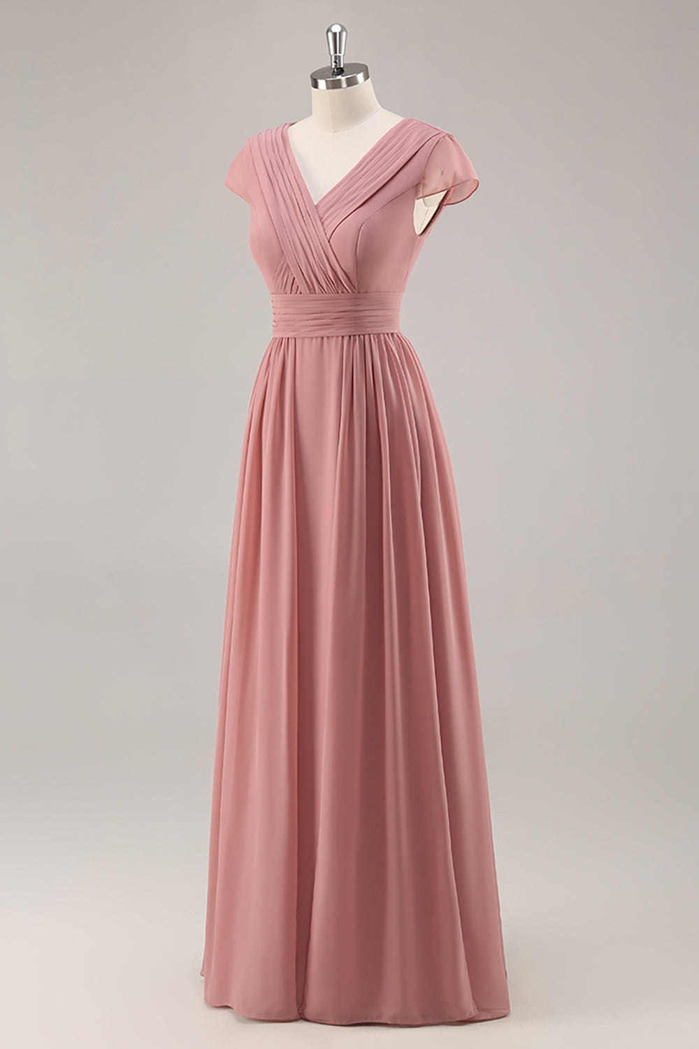 A Line Dusty Rose Chiffon Maxi Bridesmaid Dress with Sleeves