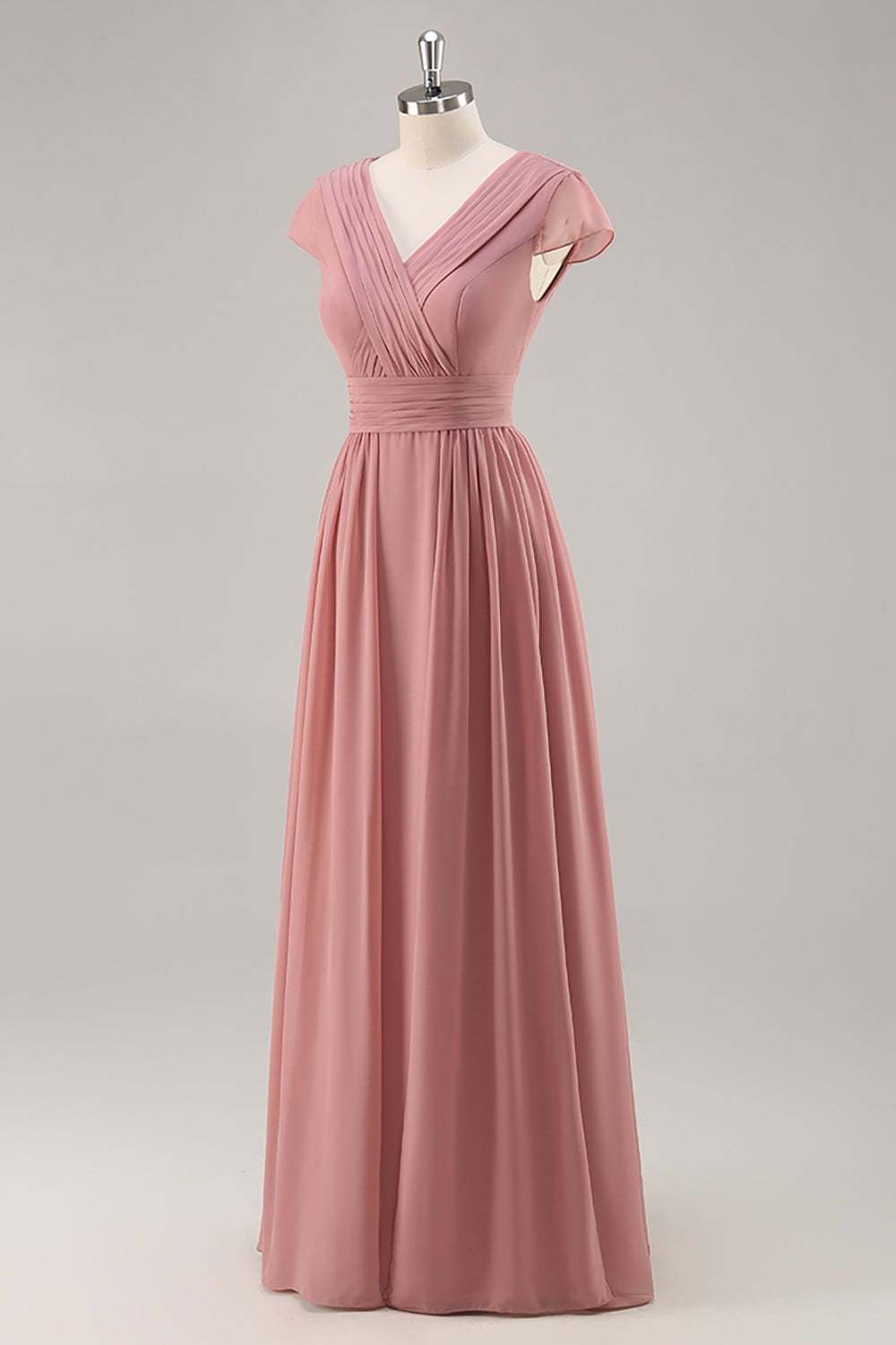 A Line Dusty Rose Chiffon Maxi Bridesmaid Dress with Sleeves