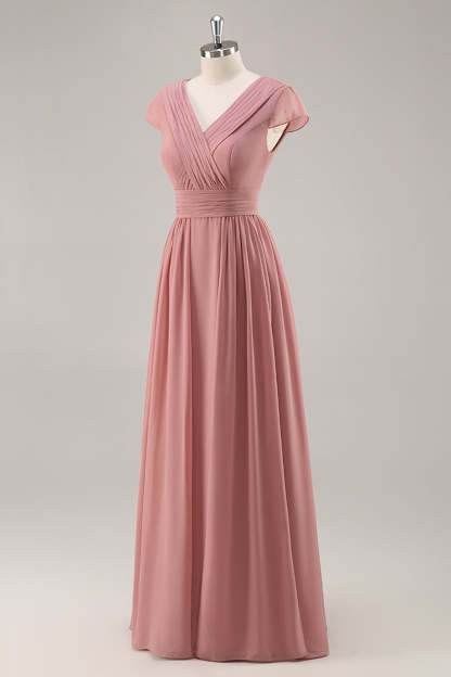 A Line Dusty Rose Chiffon Maxi Bridesmaid Dress with Sleeves